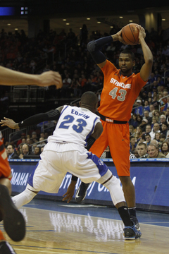 James Southerland holds the ball on the left wing against Seton Hall's Fuquan Edwin.