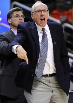 Head coach Jim Boeheim of the Syracuse Orange gestures from the sideline during the game against the Montana Grizzlies.