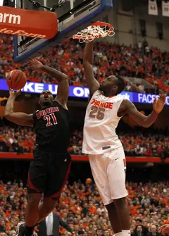 Rakeem Christmas blocks a shot by Louisville's Chane Behanan. Christmas scored two points, had two assists, grabbed three rebounds and committed four personal fouls in 23 minutes of play.