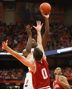 Syracuse Orange guard Jerami Grant goes up and over Indiana forward Will Sheehey in SU's 69-52 win over Indiana on Tuesday,