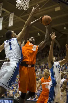 Jerami Grant takes on the Duke defenders for a basket.