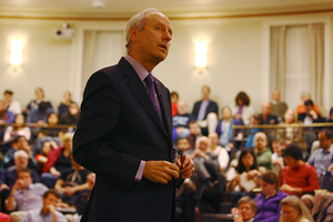 Michael Sandel, a Harvard University professor, speaks to a packed Maxwell Auditorium at 6 p.m. on Wednesday night. American society has been changing from a market economy to a market society, Sandel said, as monetary value is attached to more and more goods.