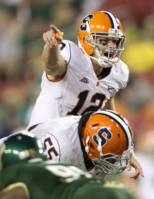 Ryan Nassib prepares the Syracuse offense on a drive against South Florida Saturday night. Nassib finished with four touchdowns and led the Orange on a game-winning, 75-yard drive in the final 83 seconds.