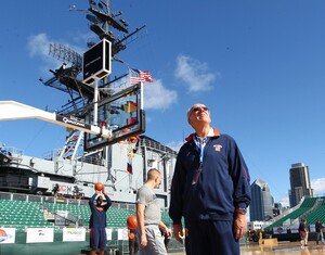 Head coach Jim Boeheim looks up as he enters the court during media day on Saturday before the Battle on the Midway game against the San Diego State Aztecs. The teams will play Sunday at 4 p.m.