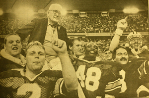 Ben Schwartzwalder was carried off the field by SU players following the team’s 48-21 thrashing of Penn State in the Carrier Dome on Oct. 17, 1987. Schwartzwalder was the last SU coach to beat the Nittany Lions before the undefeated 1987 Orangemen pulled off the feat.