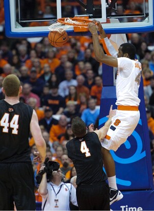 Syracuse forward James Southerland finishes a slam dunk during the Orange's 73-53 win over Princeton on Wednesday night. Southerland finished with a career-high 22 points, and was a force on defense.