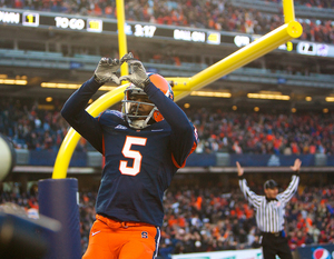 Marcus Sales was one of the stars for Syracuse in its first trip to the Pinstripe Bowl, hauling in three touchdown passes. After missing the entire 2011 season due to a suspension, he has bounced back this season and caps off his career in the place where the greatest moment of his career took place.
