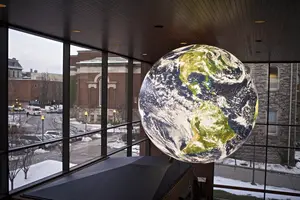 The inflatable Earth globe installed in the Heroy Geology Building last semester is 10 feet in diameter and helps distinguish the building from the Physics Building. The addition of the globe is part of the Department of Earth Sciences’ effort to upgrade the look of its teaching spaces.