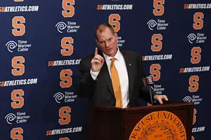 Scott Shafer speaks to the media at his press conference to officially introduce him as the Orange's newest head coach. Shafer spent the last four seasons as Syracuse's defensive coordinator.