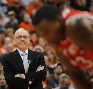 Jim Boeheim smiles during Syracuse's 78-53 win over Rutgers. Boeheim earned his 903rd career win to pass Bob Knight for sole possession of second place on the all-time wins list.