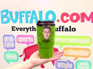 Sarah Valaquez holds up the original mug she created with her coworker Kathryn Przbyla, showcasing Ryan Gosling's face plastered onto a Tim Horton's coffee mug 