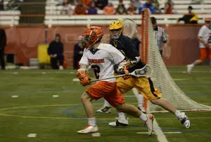 Kevin Rice runs the goal line against Canisius in Syracuse's 17-5 win  against the Golden Griffins. The sophomore attack scored three goals and had three assists in the rout.