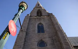 The spire of St. Paul's Episcopal Cathedral will be illuminated as part of the first round of facade improvements to the Connective Corridor. SU recently launched the second round of the improvement program after receiving a $250,000 grant from the Central New York Regional Economic Development Council.