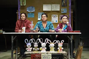 Actresses Kate Hodge (as Margie), Elizabeth Rich (as Jean) and Denny Dillon (as Dottie) rehearse a scene in Syracuse Stage's production of 