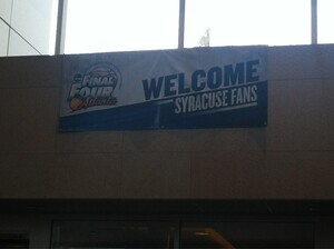 A sign welcomes Syracuse fans into the Westin Hotel, where the Syracuse men's basketball team is staying in Atlanta.