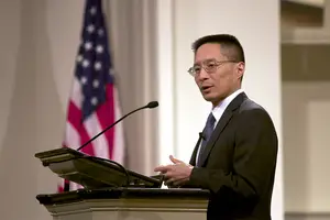 Eric Liu, a Time columnist and educator, speaks as part of the University Lecture in Hendricks Chapel on Tuesday night. The lecture was titled “The True Meaning of Patriotism” and discussed rejecting political bias and opportunities in American communities for patriotism.