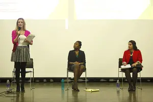 (FROM LEFT) Simone Goldslager, Nia Boles and Daniela Lopez, vice presidential candidates for the Student Association, discuss diversity and their platforms during a debate on Sunday night.