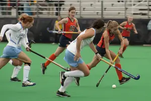 Syracuse midfielder Leonie Geyer dribbles through the North Carolina defense. The Orange needed just one goal to win yet another home game.