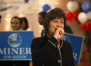 Democratic incumbent Stephanie Miner speaks to her supporters after winning Tuesday's mayoral election with 68 percent of the vote. Her opponents were Kevin Bott of the Green Party and Ian Hunter of the Conservative Party.