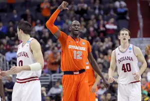 Baye Moussa Keita (12) and Syracuse meet Indiana again on Tuesday night. After defeating the Hoosiers in last year's Sweet 16, the No. 4 Orange host IU at 7:15 p.m. in the Carrier Dome.