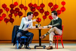 Actors Peter O'Connor, who plays Daniel Cavanaugh, the American businessman, and Jeff Locker, who plays Peter Timms, an Englishman in China, perform in David Henry Hwang's 
