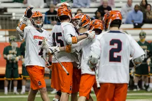 Syracuse's attack was celebrating a goal in the team's 19-7 win over Siena on Monday night. Ten different players scored for the Orange in a 13-goal first half. 