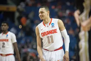 Tyler Ennis sheds a smile in Syracuse's 77-53 win over Western Michigan on Thursday. The freshman played well in his first-ever NCAA Tournament game, and will look to continue that against Dayton in the third round. 