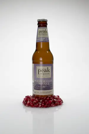 Peak Organic Brewing Company's Pomegranate Wheat Ale had a surprising orange tint, and notable pomegranate and açaí hints.