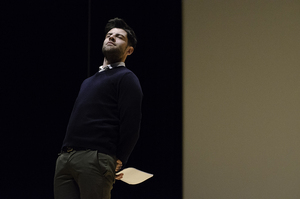 Max Greenfield, an actor and comedian known for his role as Schmidt on Fox’s “New Girl” lectures on stage to a nearly-full audience at Goldstein Auditorium. Greenfield came to SU for a show put on jointly between Hillel Jewish Student Union and University Union.           