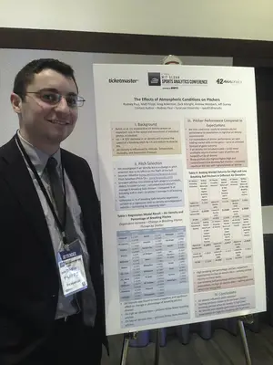 Matt Filippi, president of the SU Baseball Statistics and Sabermetrics Club, presents the club's abstract at the MIT Sloan Analytics Conference in March. The abstract analyzed how atmospheric conditions affected pitcher's pitch selection.