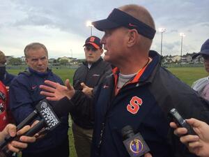 Syracuse head coach Scott Shafer addressing the media after his team scrimmaged at Fort Drum on Thursday evening. 
