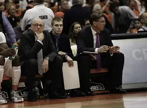 Jim Boeheim, head coach of the SU men's basketball team, looks on during a basketball game in March 2013. New York's high court heard oral arguments on Tuesday in the defamation case filed against Boeheim and SU. 