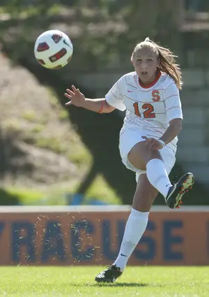 Hanna Strong, a Syracuse women's soccer player, was videotaped using racial and homophobic slurs. Her outburst sparked outrage on campus and resulted in her being indefinitely suspended from the team. This photo was taken during the 2011 women's soccer season.