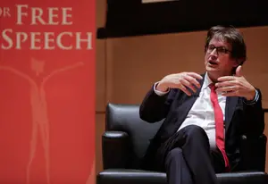 Alan Rusbridger, The Guardian editor-in-chief received SU's seventh annual Tully Award for Free Speech in the Joyce Hergenhan Auditorium in Newhouse III Wednesday night. Rusbridger discussed his experience as editor-in-chief after The Guardian published confidential NSA documents from Edward Snowden in 2013.