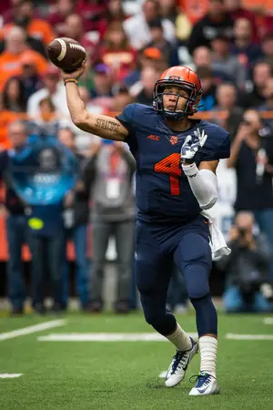 AJ Long throws one of his 27 passes against Florida State on Saturday. He completed 16 passes, threw two touchdowns and two interceptions leading a freshman contingent that highlighted the Syracuse's offense in the 38-20 loss.
