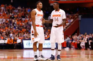 Syracuse's Ron Patterson (left) and Kaleb Joseph (right) combine with forward Michael Gbinije to form the Orange's rotation at point guard, and each one brings a different dynamic to his role.