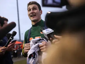 Syracuse goalkeeper Alex Bono — seen here speaking with reporters after beating Penn State in round two of the NCAA tournament — is the only goalie of 16 semifinalists for the Hermann Trophy, the award given to college soccer’s top player.