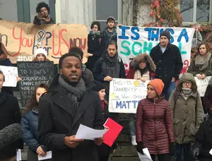 Colton Jones, one of the protesters, speaks during a press conference in front of the Hall of Languages on Thursday afternoon.