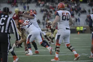 Left tackle Sean Hickey looks on during SU's 28-7 loss to Boston College on Saturday. The fact of his career ending, he said, is a sting that won't easily go away.