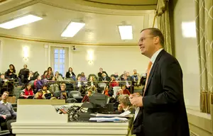 Chancellor Kent Syverud addressed members of the University Senate on Wednesday to assure there would be no layoffs in light of the Fast Forward Syracuse plan. Syverud assured members during the last University Senate meeting that layoffs would only be a last resort for budget cuts. 