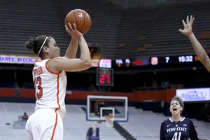 Brianna Butler releases a 3 from the right corner. She only shot 4-of-19 from 3, and was part of an abysmal 18-percent effort from deep for SU.