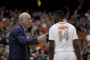 SU head coach Jim Boeheim lectures freshman point guard Kaleb Joseph, who he limited to just 19 minutes in the Orange's loss to St. John's on Saturday.