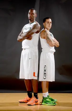 Sheldon McClellan (left) and Angel Rodriguez have starred for Miami in their first season together. Before transferring, they were rivals in the Big 12.  