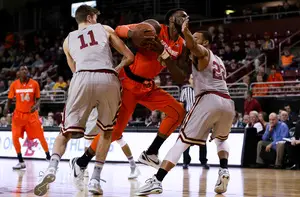 Rakeem Christmas tries to split a Boston College double team in the first half of Wednesday night's game. He had arguably his worst game of the season, but SU still came out on top.