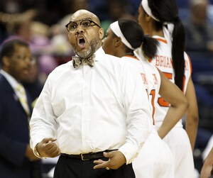 Quentin Hillsman shouts during Thursday morning's ACC tournament 2nd round game against Wake Forest. Syracuse shot poorly from 3, and fell by six to the Demon Deacons.