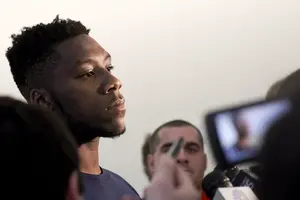 Former Syracuse safety Durell Eskridge speaks with reporters after the Orange's Pro Day on Tuesday at the Cliff Ensley Athletic Center.