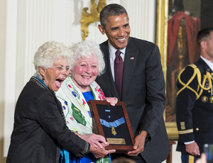 (From Left) Ina Bass and Elsie Shemin-Roth accepted the Medal of Honor on behalf of their late father, Sgt. William Shemin, from President Barack Obama on Tuesday.