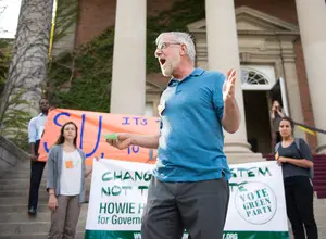 Howie Hawkins, then a Green Party candidate for New York governor, speaks at the divestment rally on the Quad on Sept. 30, 2014.