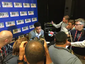 D'Angelo Russell from Ohio State speaks with the media in the Westin Hotel in Times Square. Russell, along with many of the top prospects in Thursday's NBA Draft spoke to reporters. 