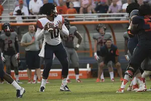 Terrel Hunt looks to make a pass during Syracuse Fan Fest on Saturday. He wasn't allowed to be tackled during the scrimmage. 
